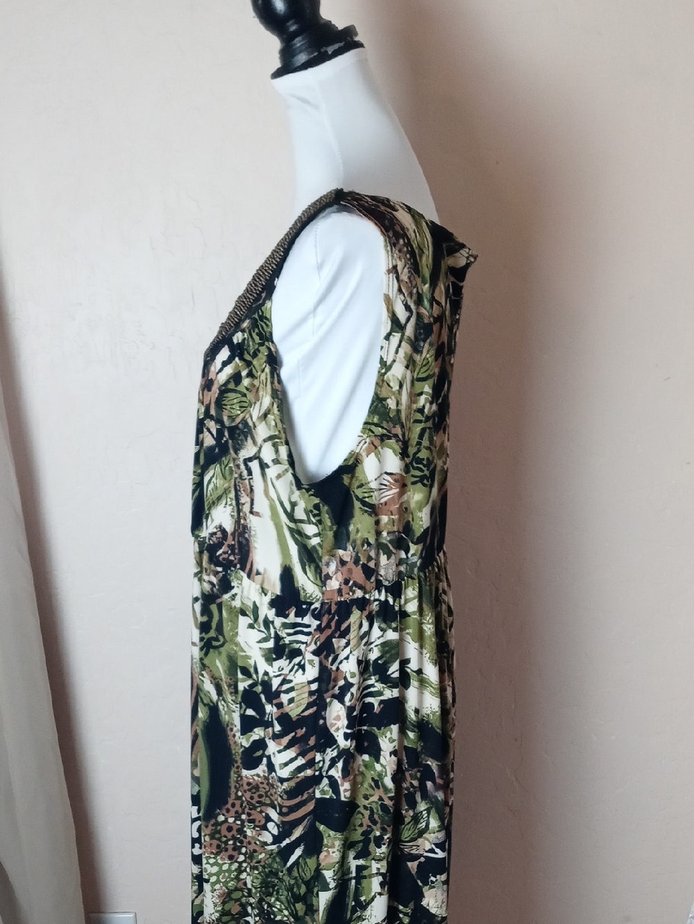 Nic & Dom Sleeveless Green and Black Printed Midi Dress with Beaded Neckline - Picture 3 of 6